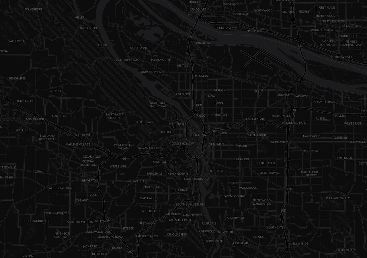 Dark Matter map of Portland, from the West Hills across the Willamette River bridges, with shaded terrain relief