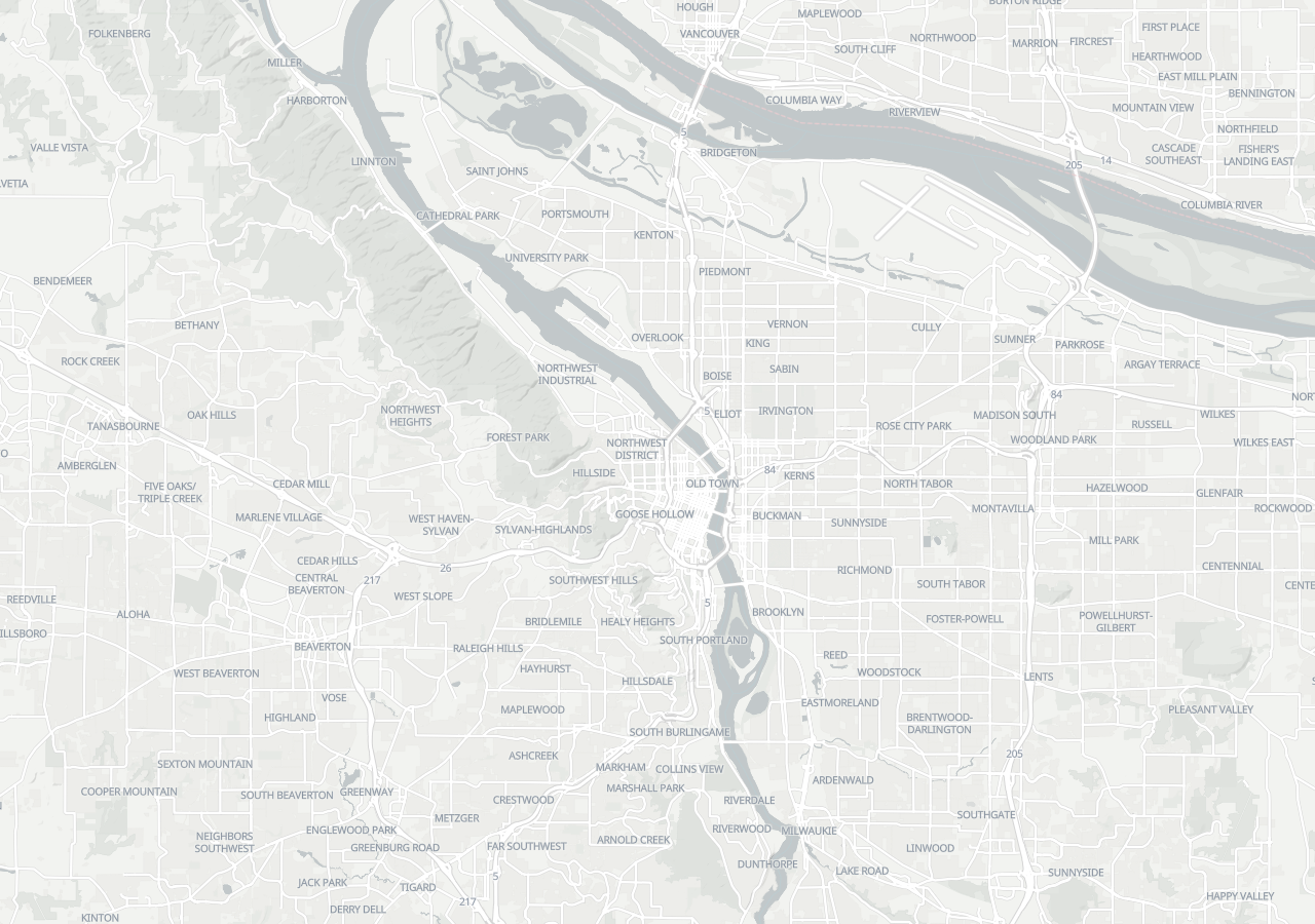 Positron map of Portland, from the West Hills across the Willamette River bridges, with shaded terrain relief
