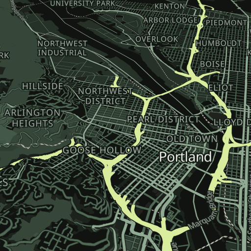 3D terrain of central Portland with large city and neighborhood labels