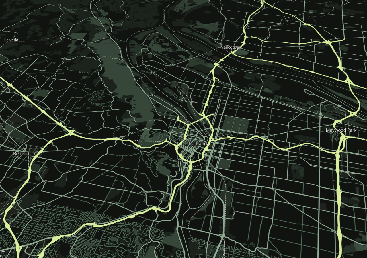 Mapsource in 3D map of Portland, from the West Hills across the Willamette River bridges, viewed obliquely with 3D terrain