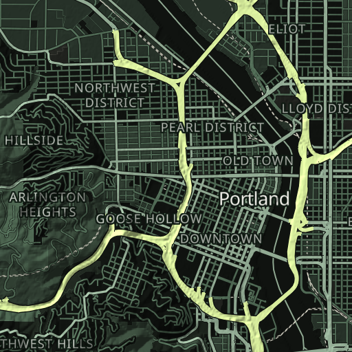 Valhalla shaded relief of central Portland with large city and neighborhood labels