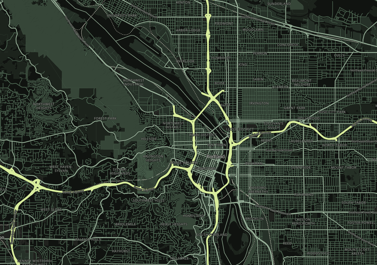 Mapsource map of Portland, from the West Hills across the Willamette River bridges, with shaded terrain relief