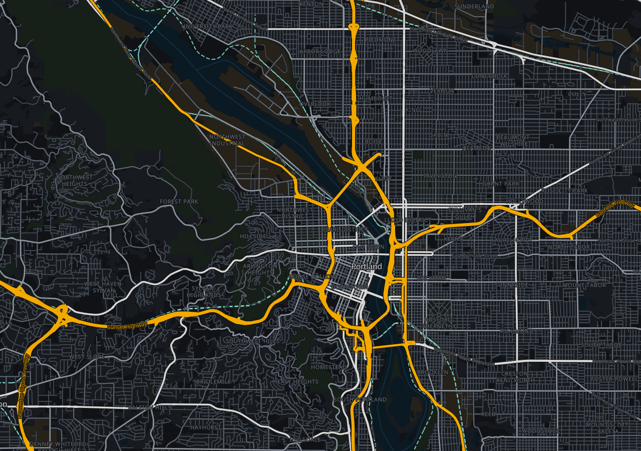 Operations map of Portland, from the West Hills across the Willamette River bridges