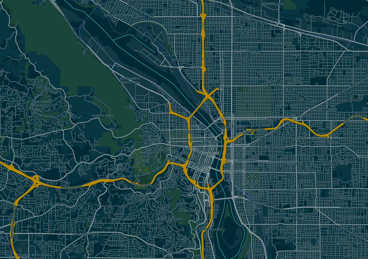 Solarized Dark map of Portland, from the West Hills across the Willamette River bridges