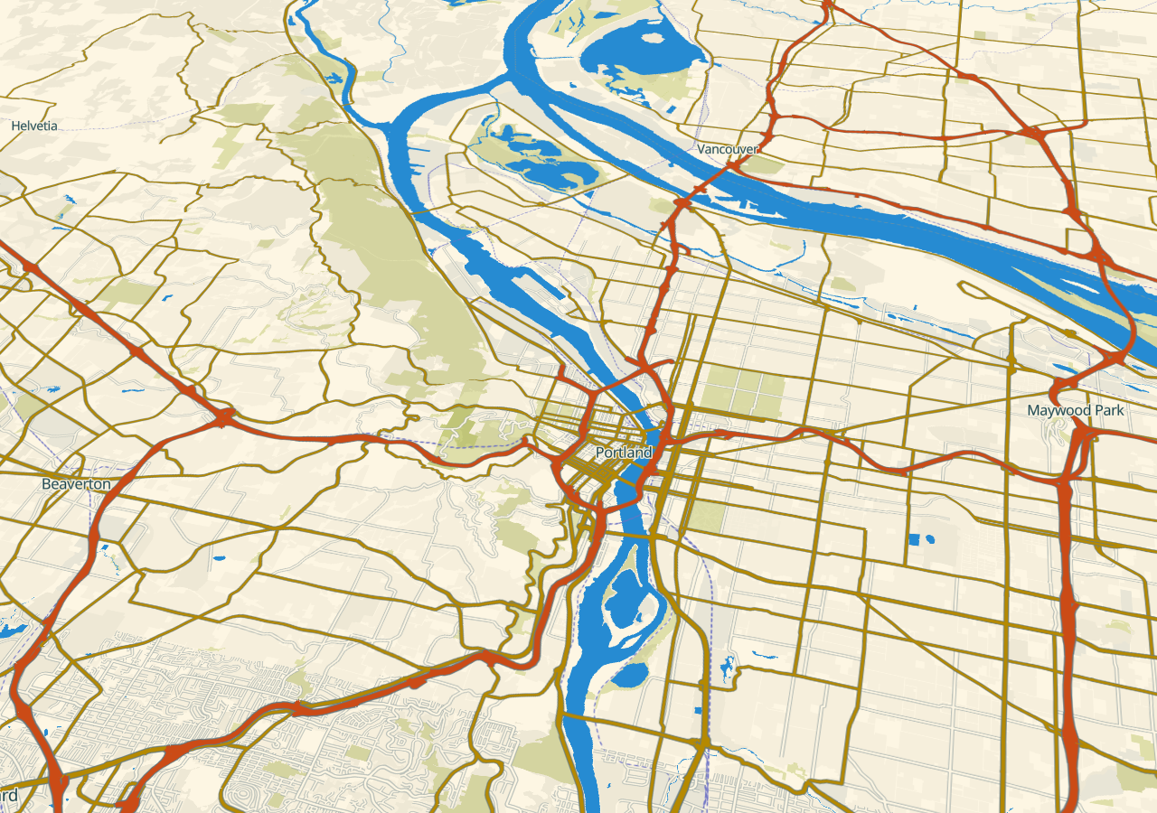 Solarized Light in 3D map of Portland, from the West Hills across the Willamette River bridges, viewed obliquely with 3D terrain