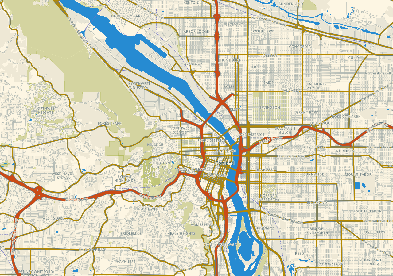 Solarized Light map of Portland, from the West Hills across the Willamette River bridges