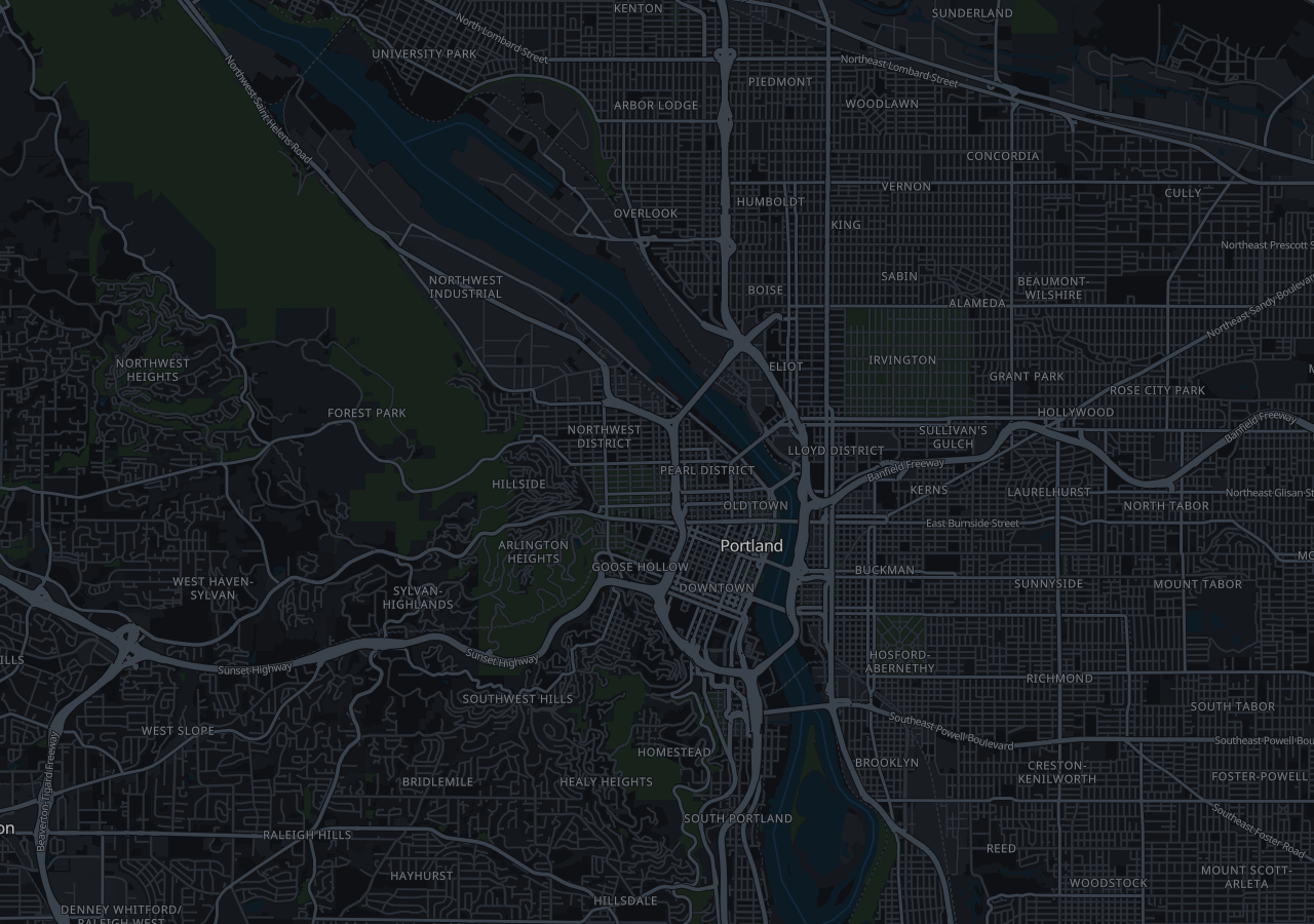 Mapsource Dark map of Portland, from the West Hills across the Willamette River bridges